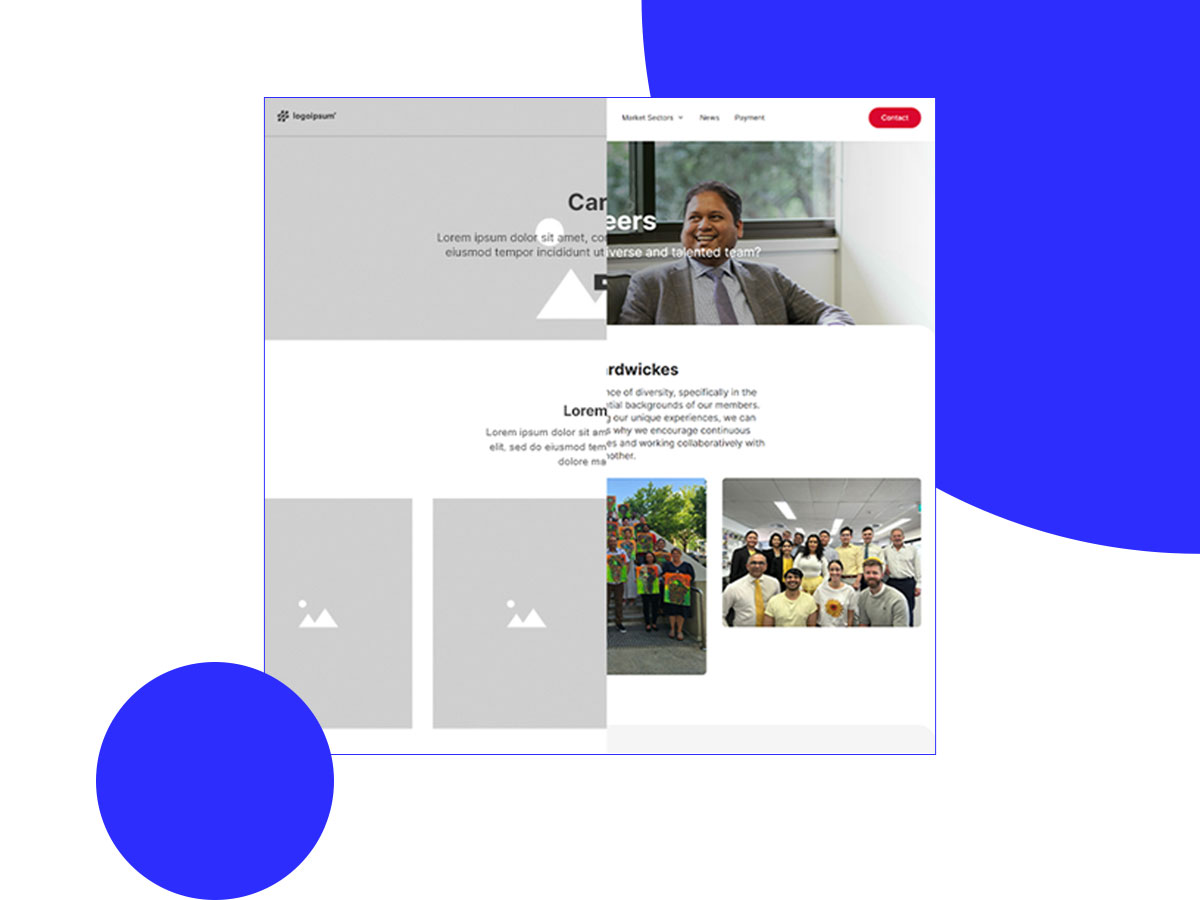 Screenshot of a website's careers section. The header image features a man in an office, while groups of people collaborate below. Some areas are filled with placeholder text and icons, inviting you to envision your future here.