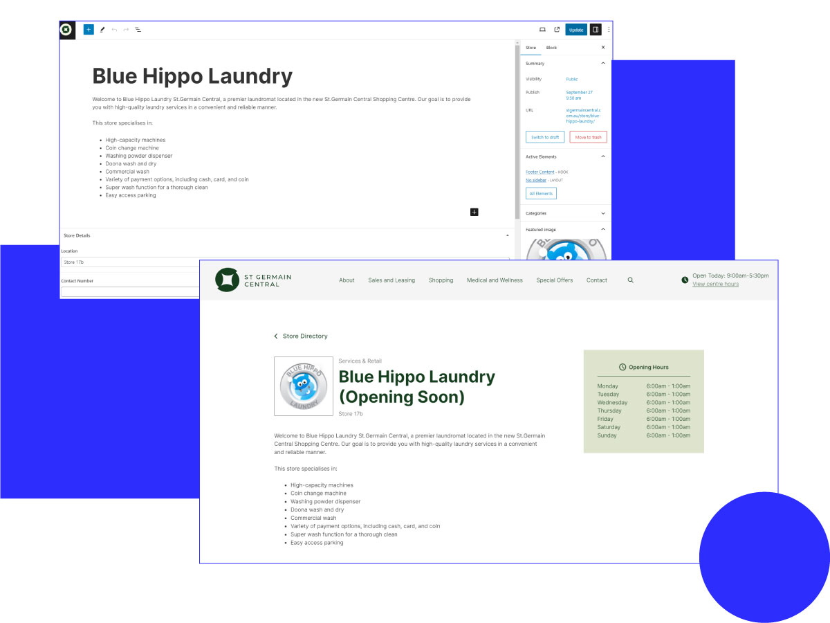 The WordPress-powered web page for Blue Hippo Laundry highlights its upcoming opening, operating hours, and services.