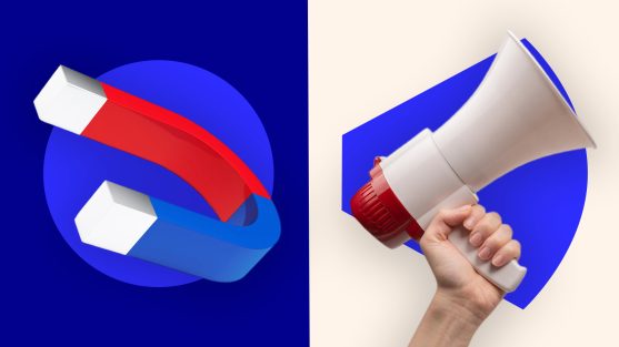 A hand holding a megaphone is shown on the right, symbolizing outbound marketing, while two red and blue magnets appear on a blue background on the left, symbolising inbound marketing.