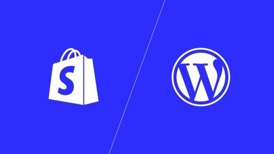 A blue graphic with Shopify logo on the left and the WordPress logo on the right.