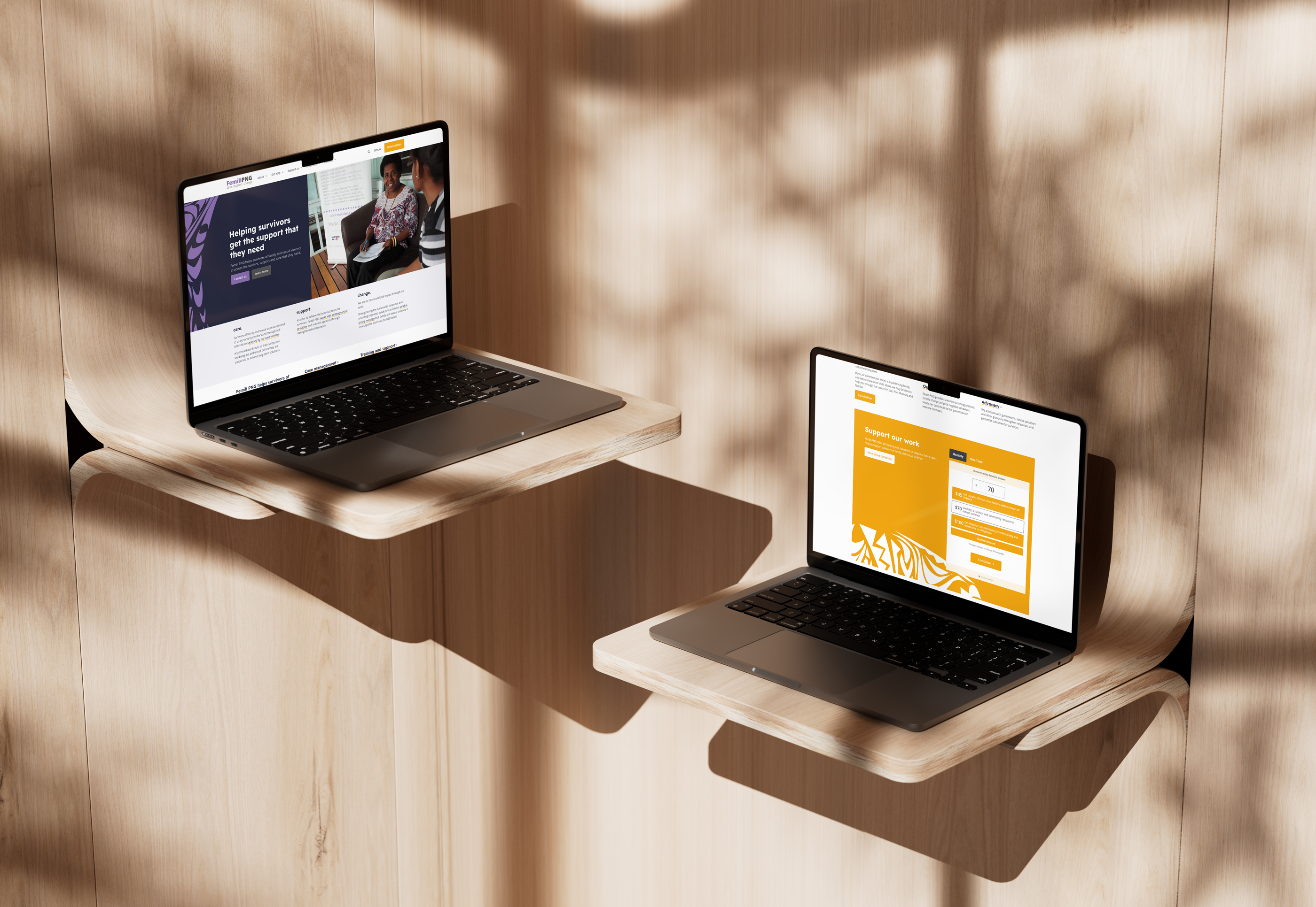 Two laptops with mockups of the FemiliPNG website.